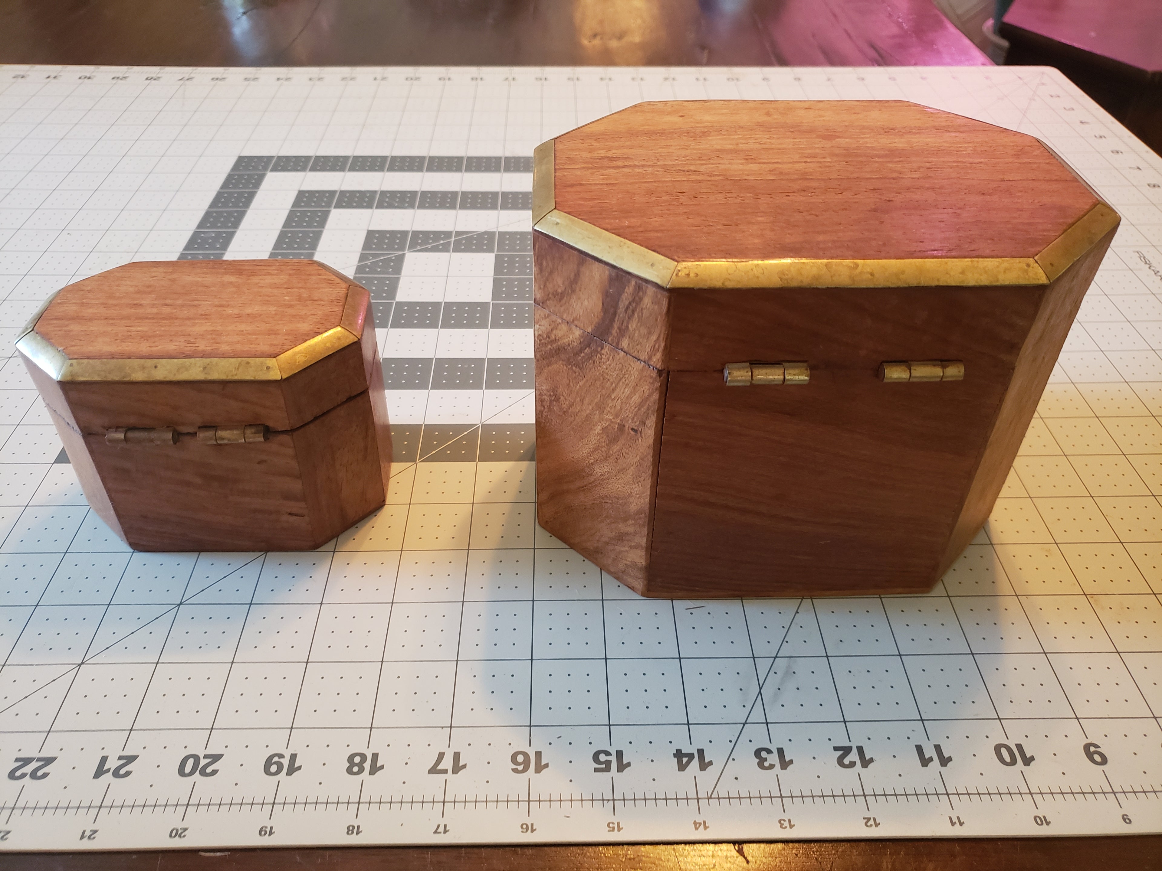 Antique Nesting Octagonal Tea Caddy Boxes Set with Working Key, Brass Trim